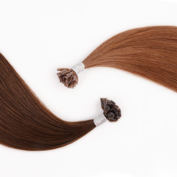 Two sets of U TIP Keratin Bond Hair Extensions 7-Star Full Cuticle Remy Hair positioned in a yin-yang pattern