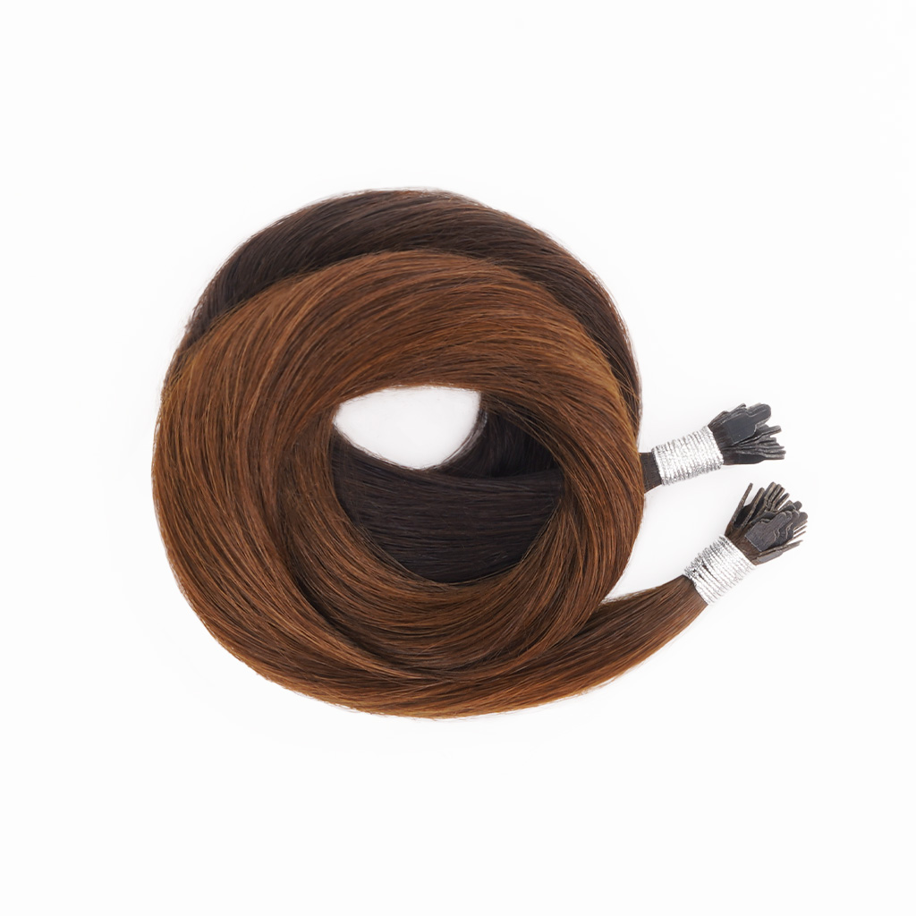 Two sets of Y TIP Hair Extensions, 7-Star Full Cuticle Remy Hair coiled up in a circle